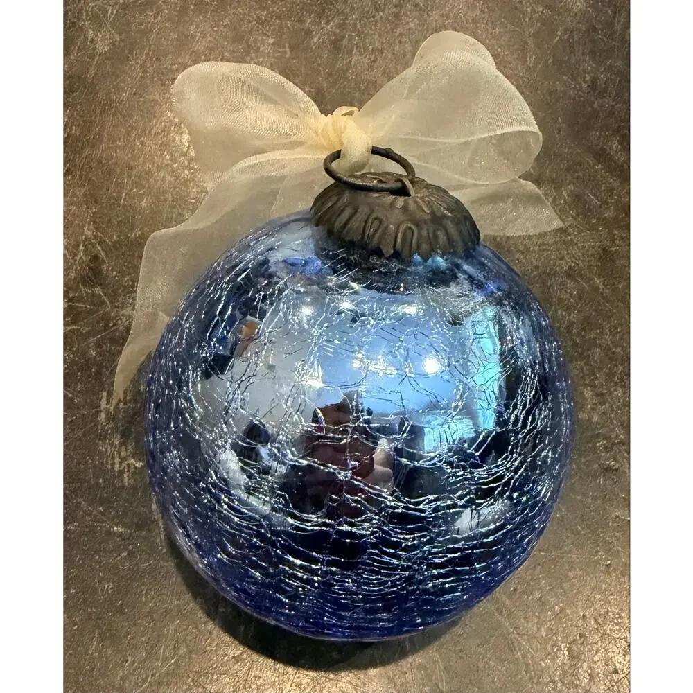 Heavy Crackle Glass German Kugel Ornament Ice Blue 9oz Blown Glass & Table Stand
